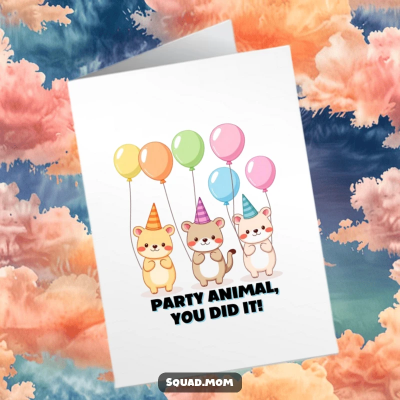 Free Printable Congratulations Card: Animals wear silly hats and hold balloons, celebrating a big win with a festive and funny, downloadable design.