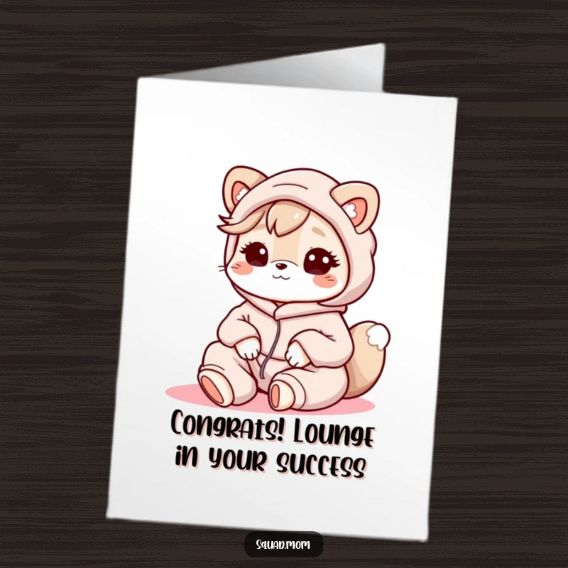 Funny Free Printable Congrats Card: Kawaii mom animal character in lounge clothes offering relaxed congratulations on their success.