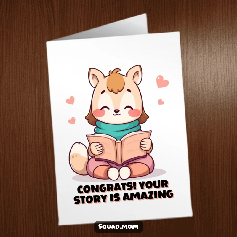 Funny Free Printable Congrats Card: A Kawaii mom animal character reads a storybook aloud, celebrating achievements with a sweet tale.