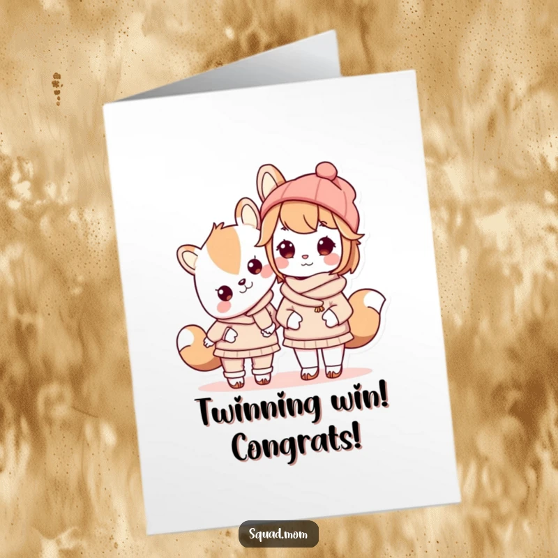 Funny Free Printable Congratulations Card: A Kawaii mom animal character and her child proudly display their matching outfits in celebration.
