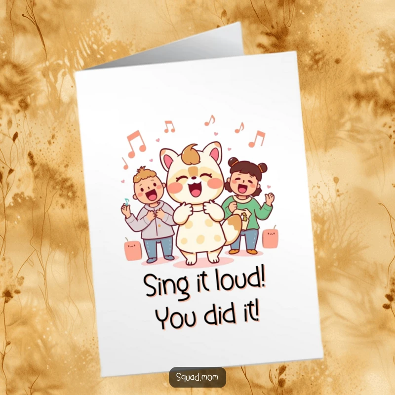 Funny Free Printable Congratulations Card: A Kawaii mom animal character enthusiastically leads a group in a joyous singalong to celebrate.