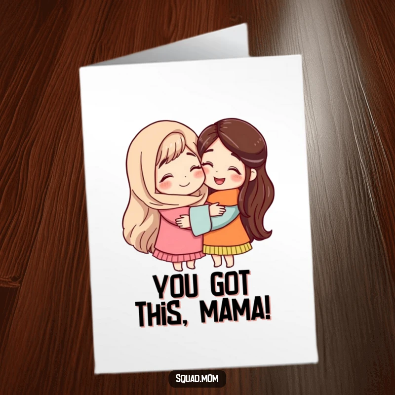 Free Printable Congrats Card depicting two mom friends embracing in a warm hug for a shared celebration.