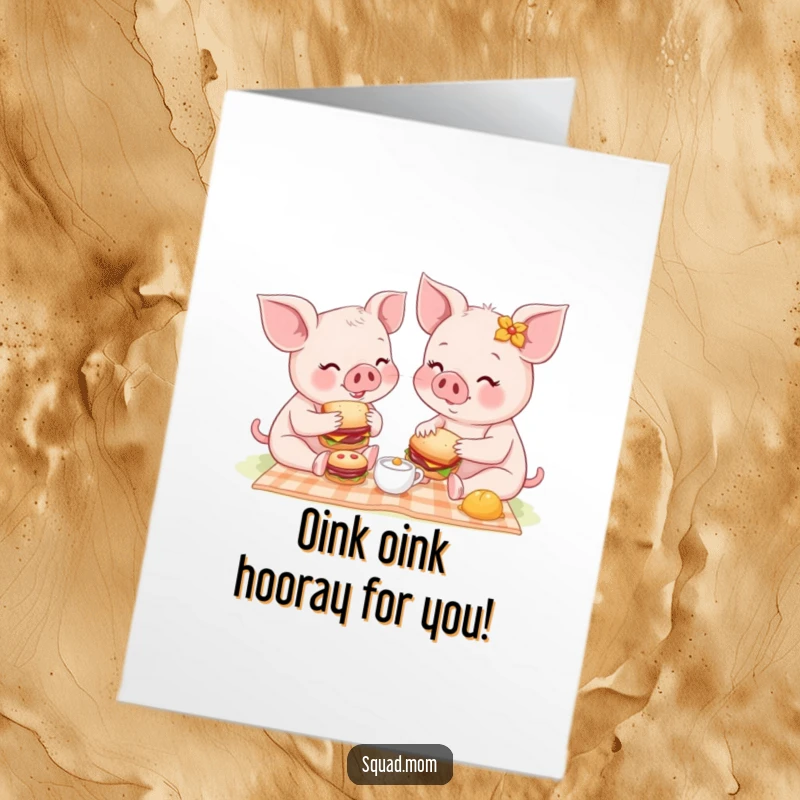 Free Printable Congratulations Card: Piglet mom and baby sharing a charming picnic with miniature sandwiches, celebrating togetherness.