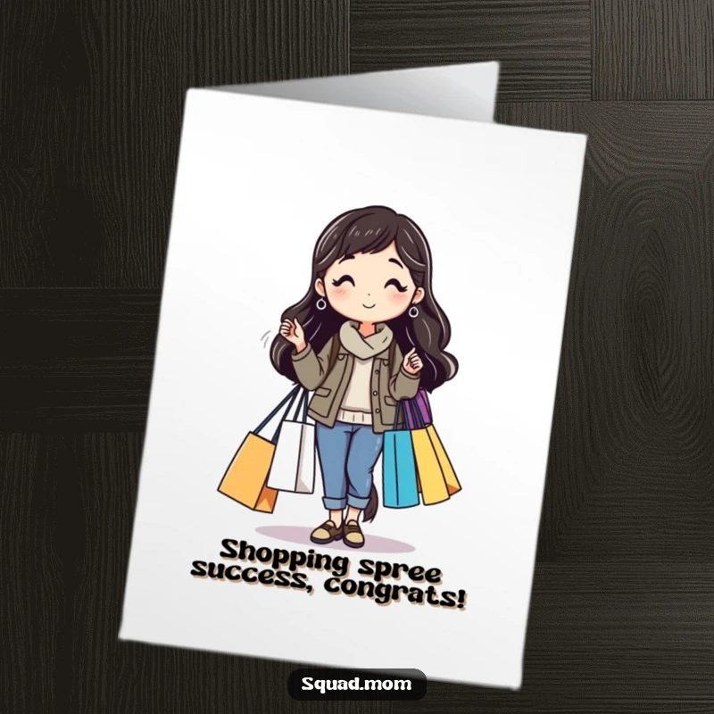 Funny free printable congratulations card showing a mom friend with shopping bags, celebrating a successful shopping trip.