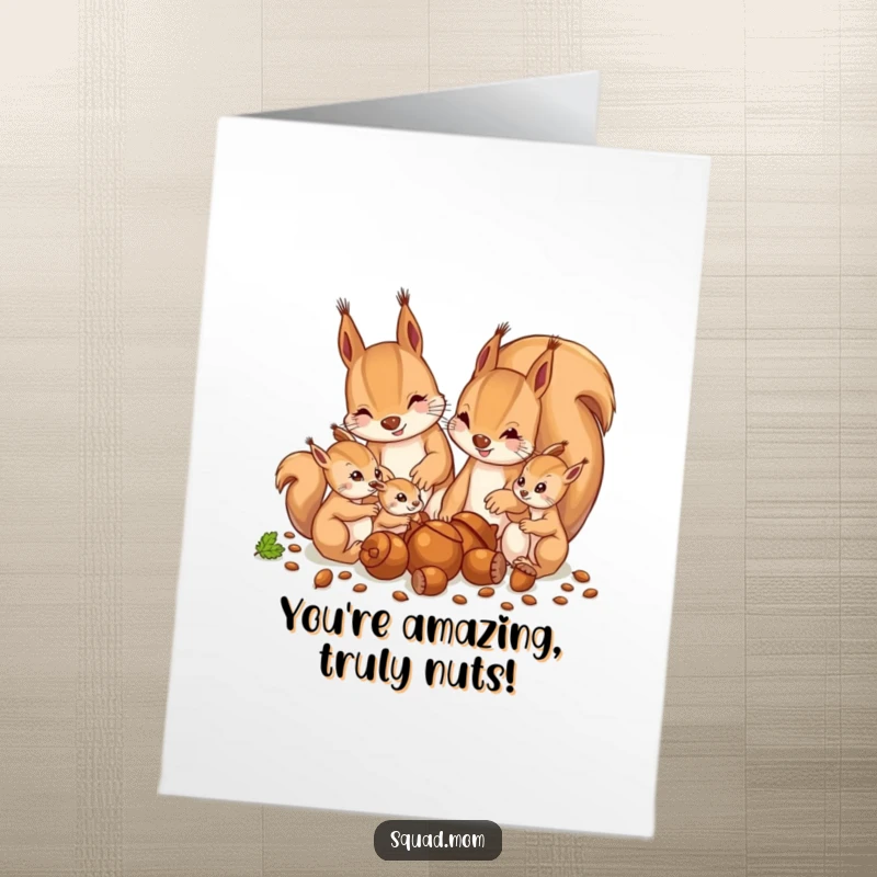 Free Printable Congratulations Card: Squirrel mom and babies enthusiastically gathering a pile of acorns, celebrating a bounty.