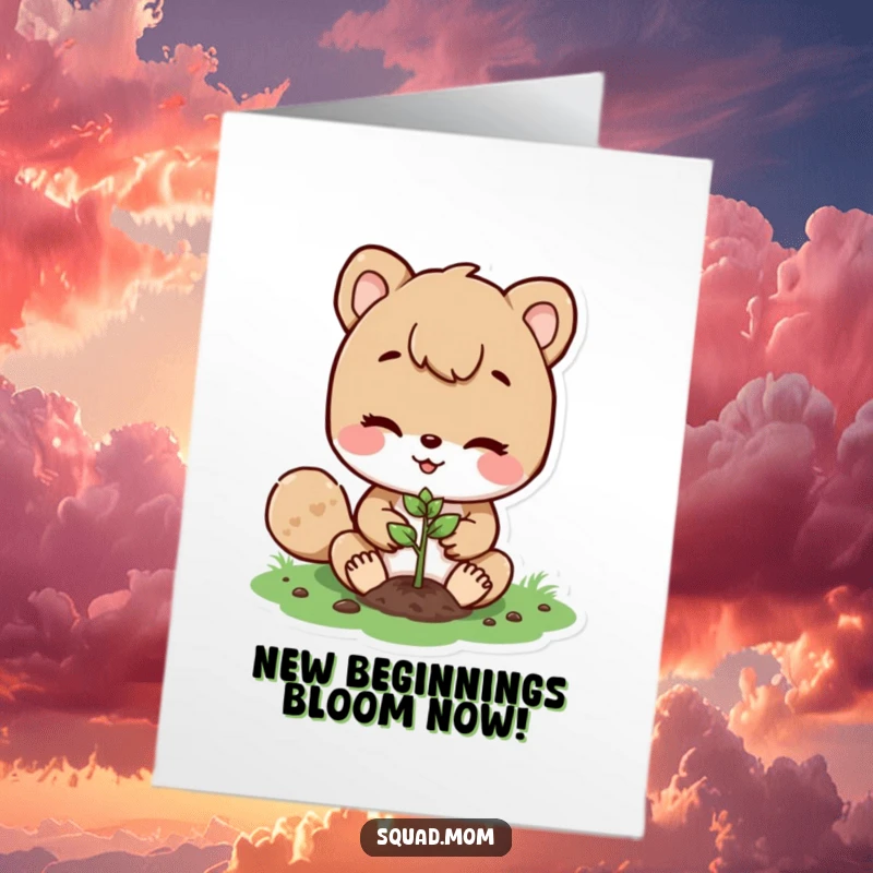 Funny Free Printable Congratulations Card showing a gentle animal mom character carefully planting a tiny seed, signifying growth.