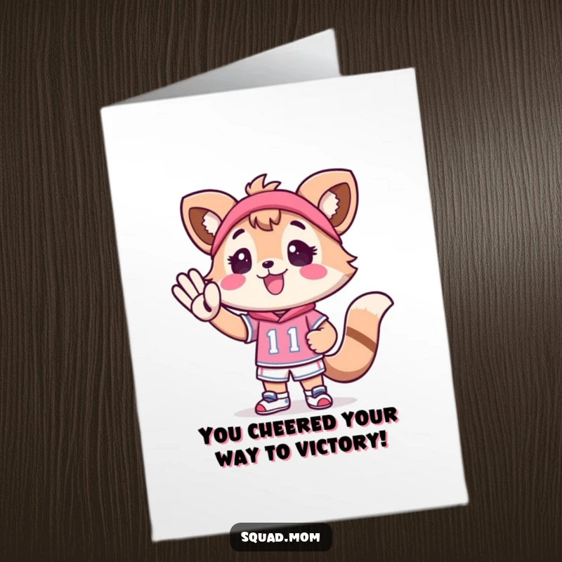Funny Free Printable Congrats Card: A Kawaii mom animal character energetically cheers for a tiny athlete, celebrating victory with joy.