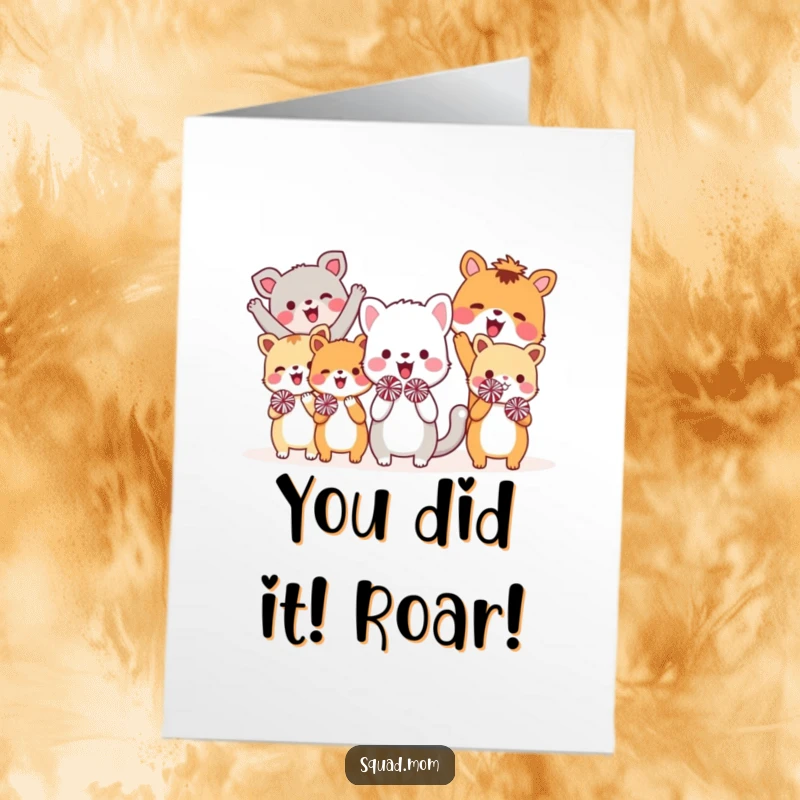 Funny Free Printable Congratulations Card with a jubilant pack of animal pals waving tiny pom-poms in celebration.