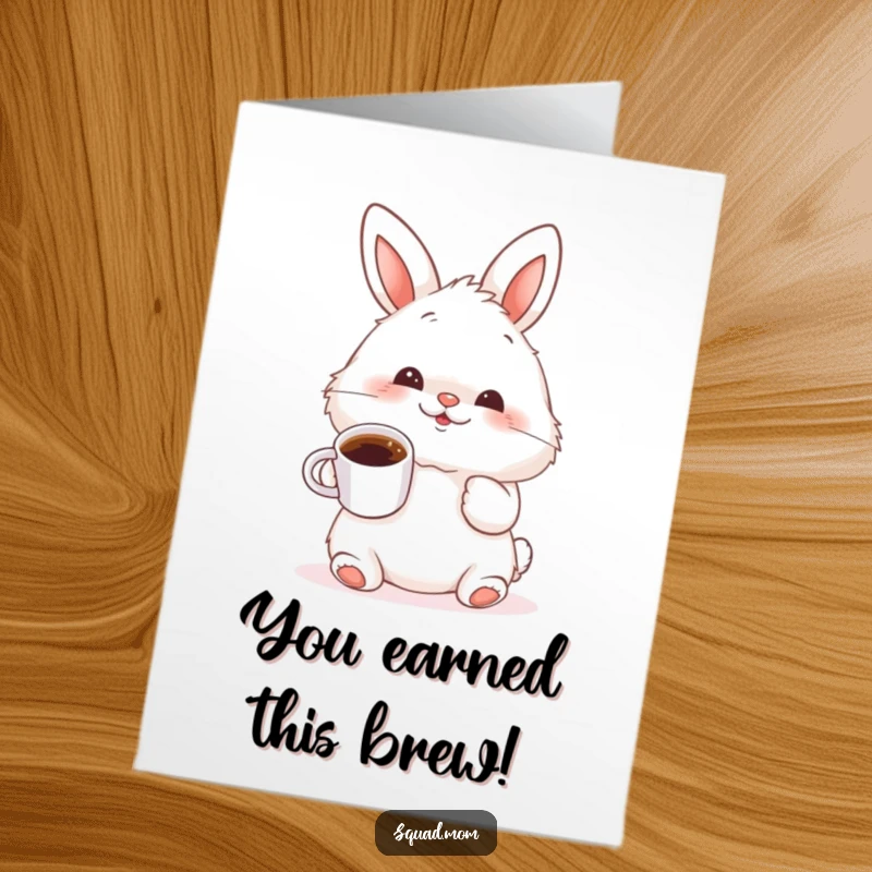 Free Printable Congratulations card with a fluffy bunny wiggling nose, holding a tiny coffee cup, celebrating success.