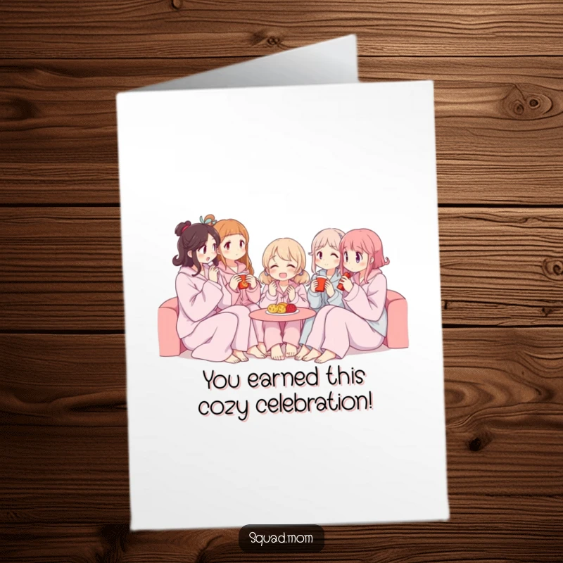 Funny Free Printable Congrats Card: Women in comfy pajamas sharing snacks, toasting. A hilarious print-at-home celebration.