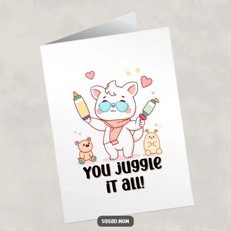 Funny Free Printable Congratulations Card: A Kawaii mom animal character comically juggles baby bottles and toys, celebrating a new bundle of joy.