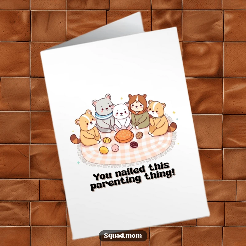 Funny free printable congratulations card with cute animal moms enjoying a picnic, celebrating success.