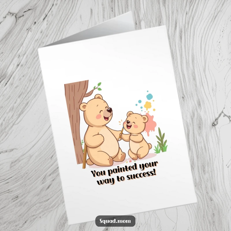 Funny Free Printable Congrats Card: Bear mom and cub giggling while creating a vibrant mural, celebrating success.