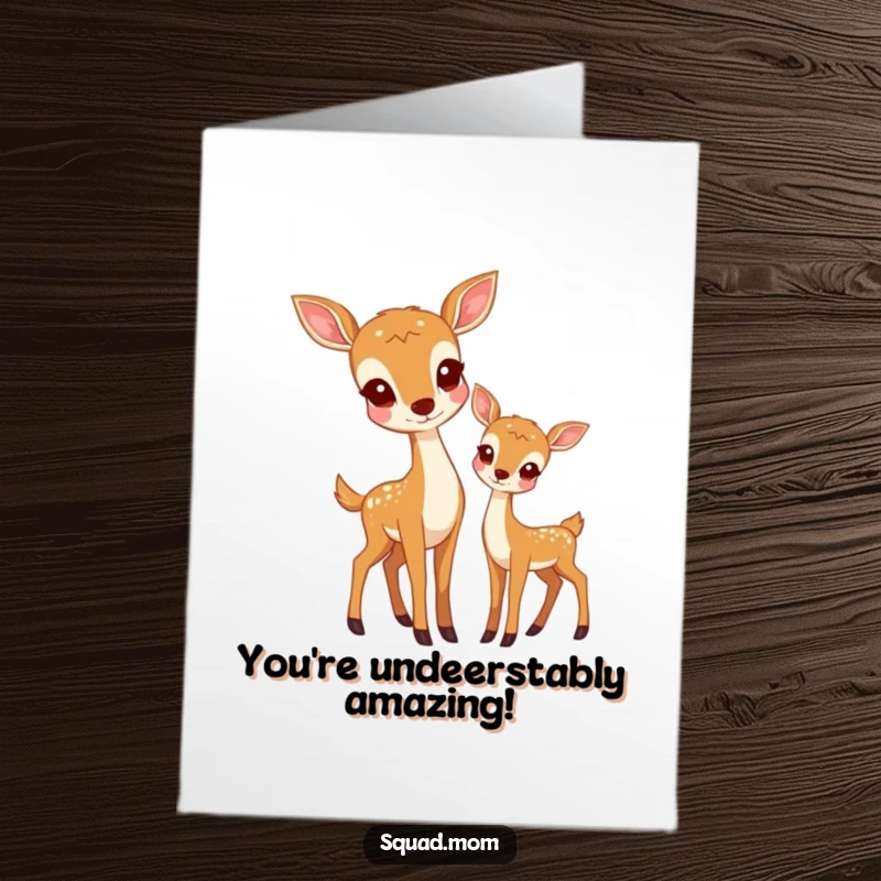 Funny Free Printable Congratulations Card depicting a proud deer mom with her young fawn, celebrating together.