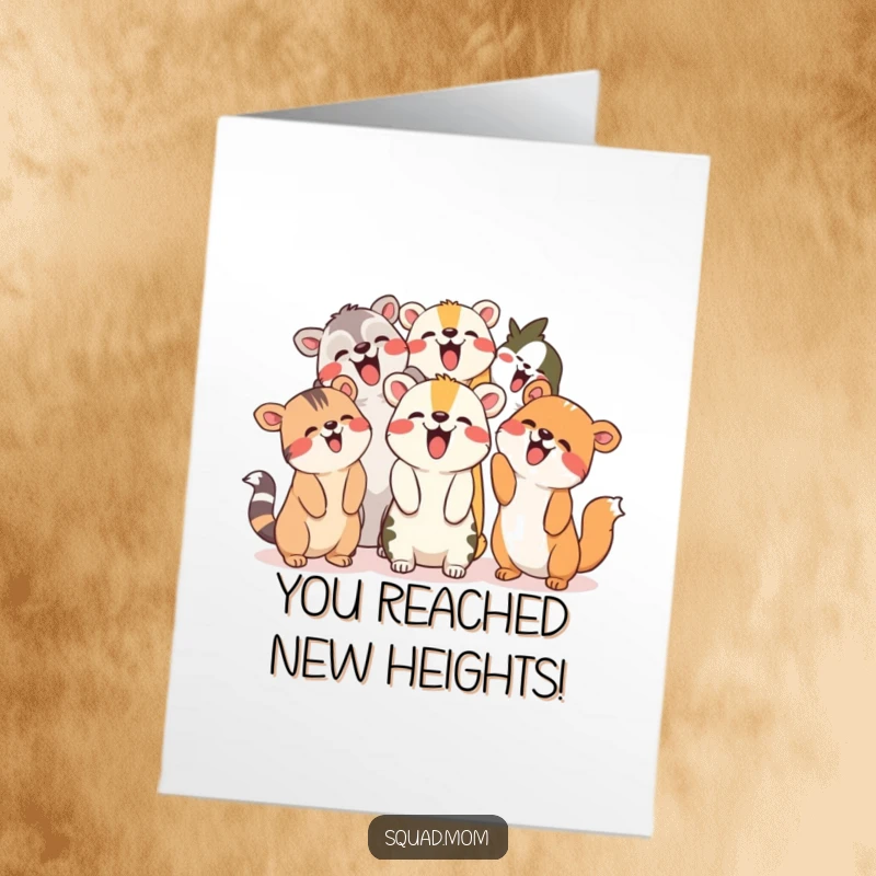 Funny Free Printable Congrats Card: Group of smiling animals giggling and joyfully pointing upwards together.