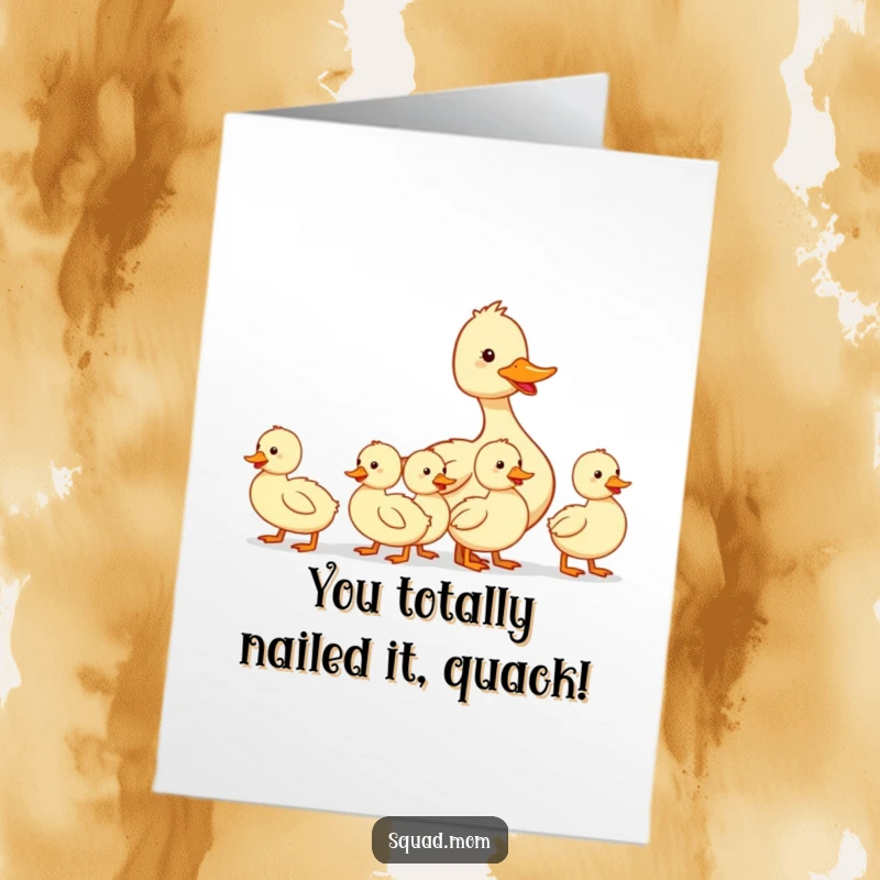 Funny Free Printable Congratulations Card: Mother duck proudly leads her ducklings in a proud procession, a humorous celebratory gift.