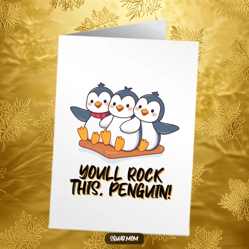 Funny Free Printable Congratulations Card: Trio of penguin moms slide down an icy hill together, fun and humorous downloadable art.