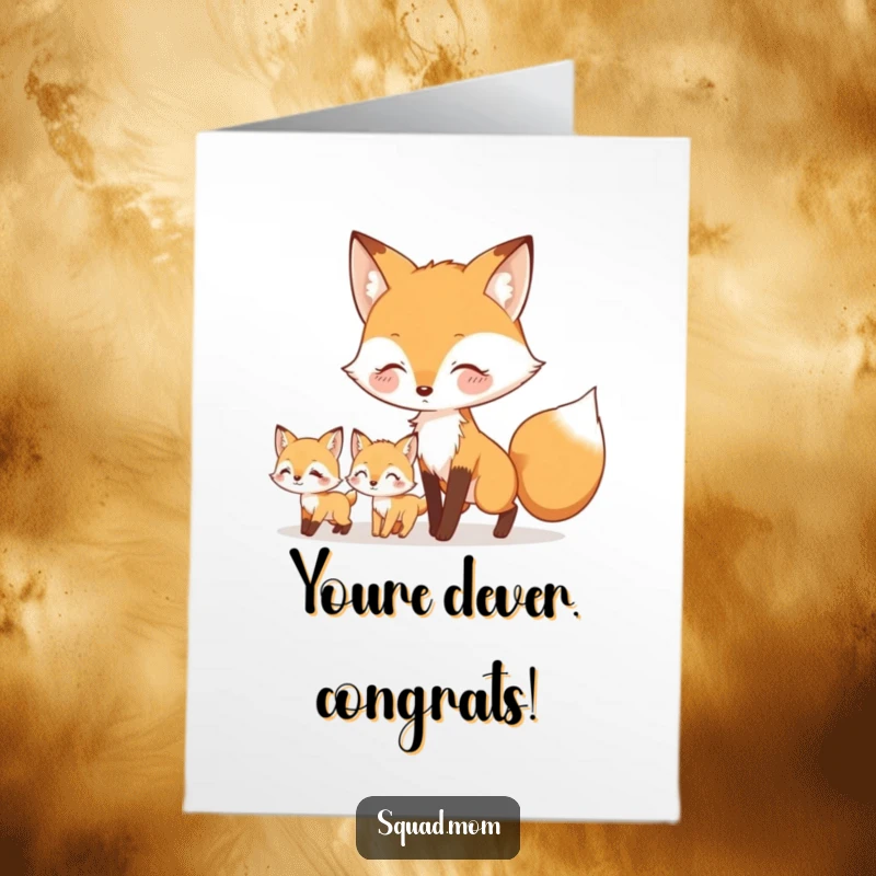 Free Printable Congratulations Card: A caring fox mom character leads her playful kits, celebrating a successful milestone or new beginning.