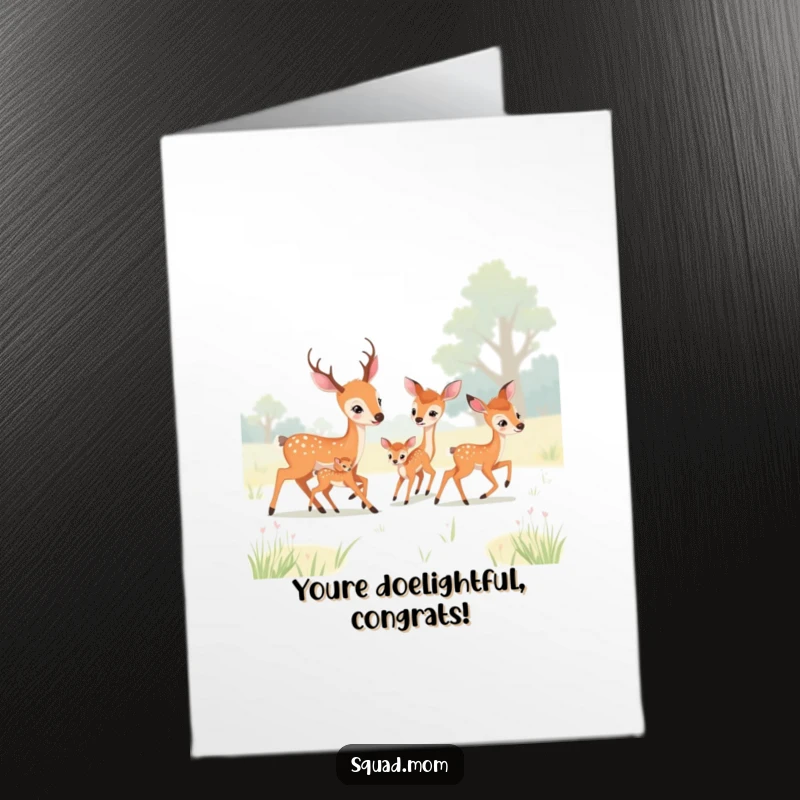 Funny Free Printable Congratulations Card: Deer moms and fawns play tag in a meadow, cheerful and humorous downloadable art.