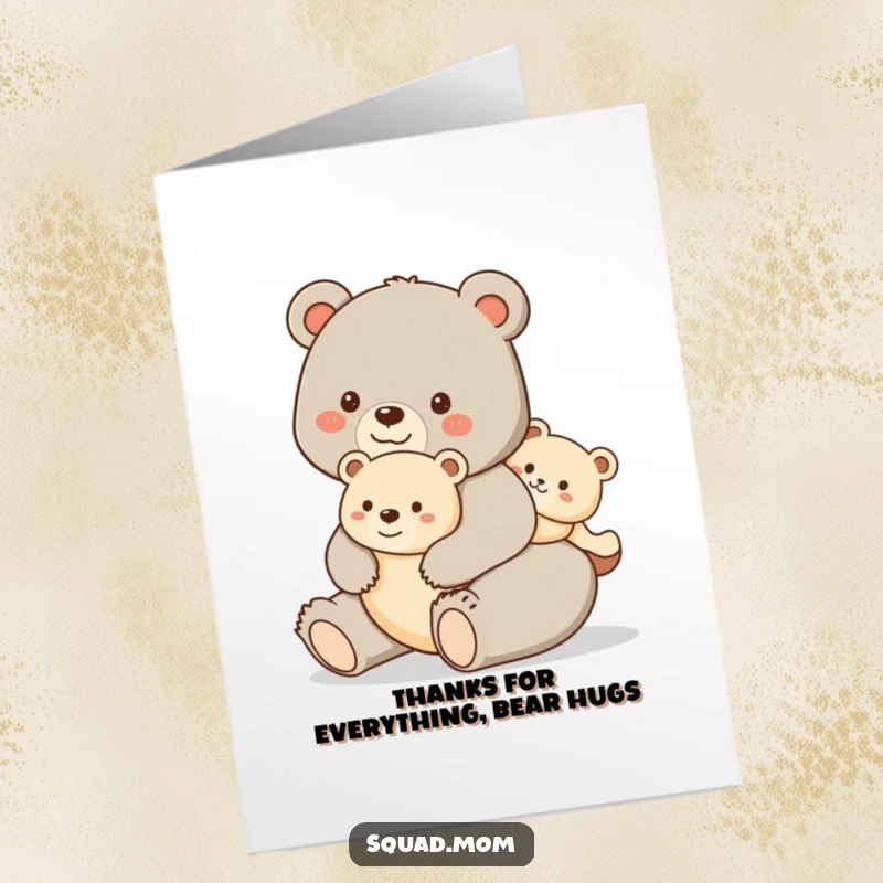 Funny Free Printable Thank You Card: Happy bear mom gives her cub a piggyback ride, conveying gratitude with a warm smile.