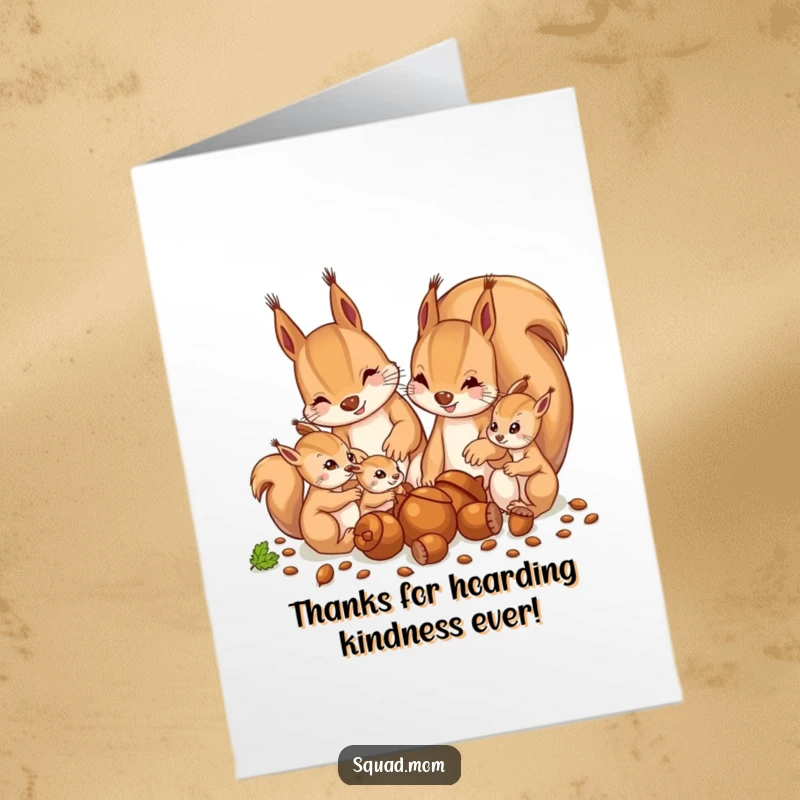 Free Printable Thank You Card: Cute squirrel mom and babies happily gathering acorns together, a symbol of abundance.