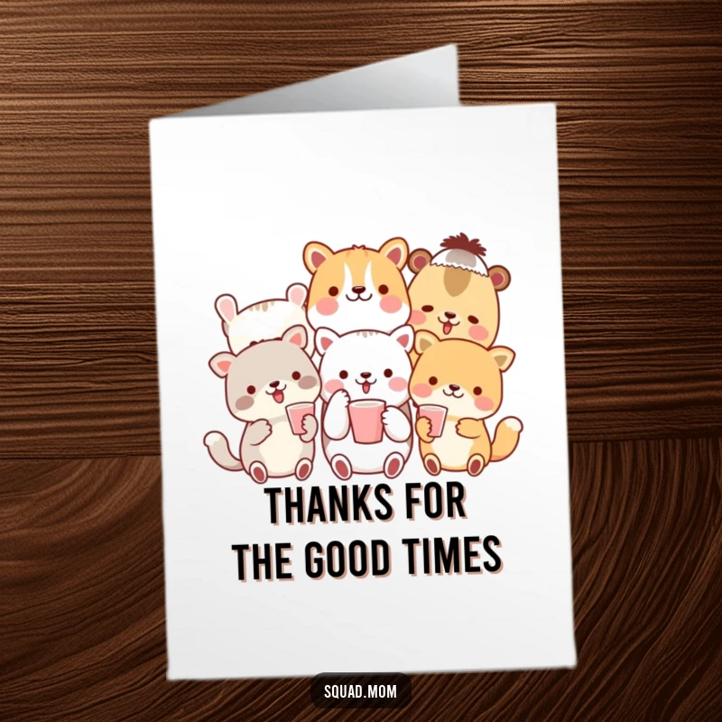 Funny Free Printable Thank You Card where cute animal friends raise tiny cups in a gesture of thanks.
