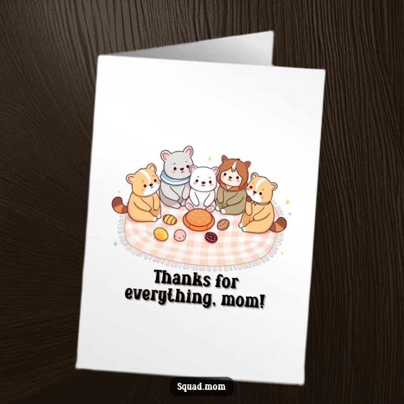 Funny free printable thank you card of cute animal moms sharing a picnic, conveying gratitude.