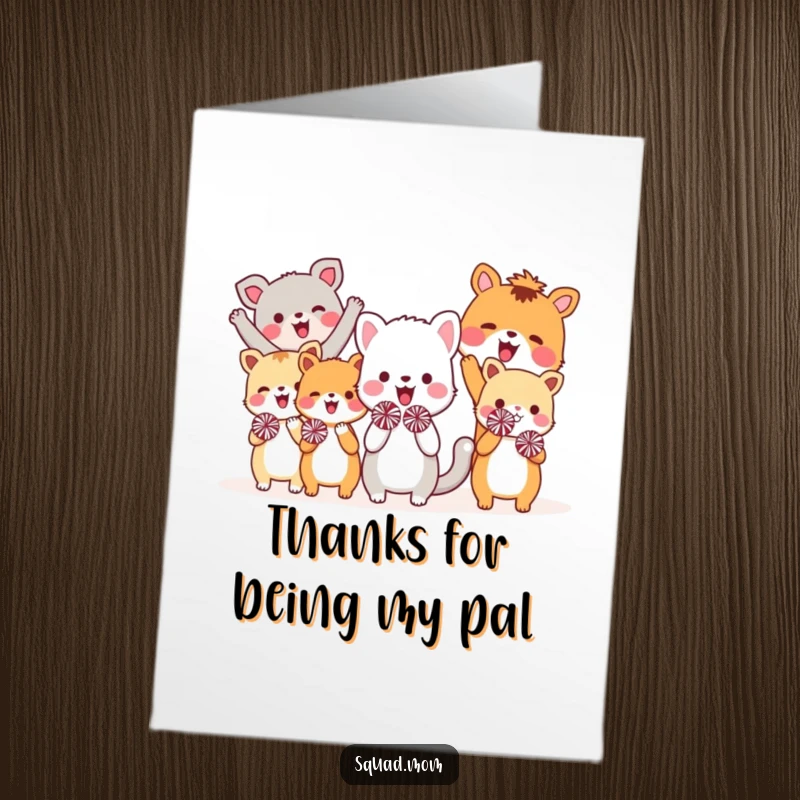 Funny Free Printable Thank You Card depicting a cheerful assembly of animals shaking tiny pom-poms to say thanks.
