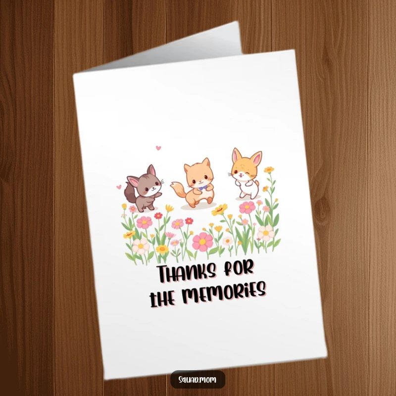Funny Free Printable Thank You Card depicting a group of happy animals playing tag surrounded by a colorful array of blooming flowers.