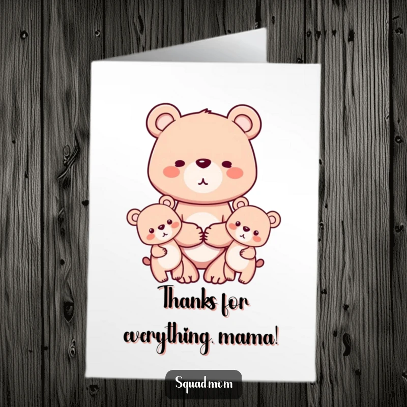 Free Printable Thank You Card: A nurturing bear mom character holds hands with her two cubs, offering a sweet and sincere thank you.
