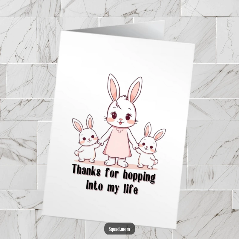 Funny Free Printable Thank You Card: A sweet bunny mom holding hands with her two little bunny children.