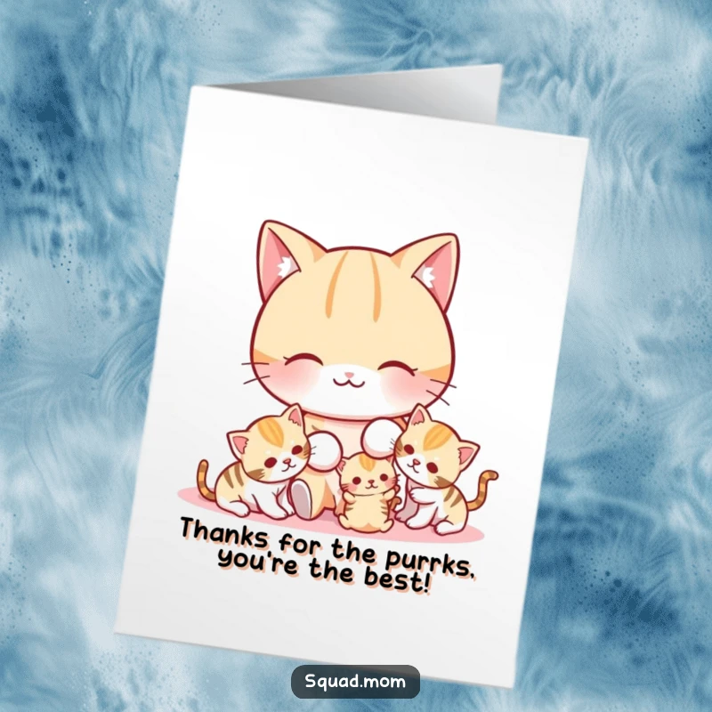 Funny Free Printable Thank You Card: A cat mom interacting playfully with her curious kittens, full of lighthearted fun.