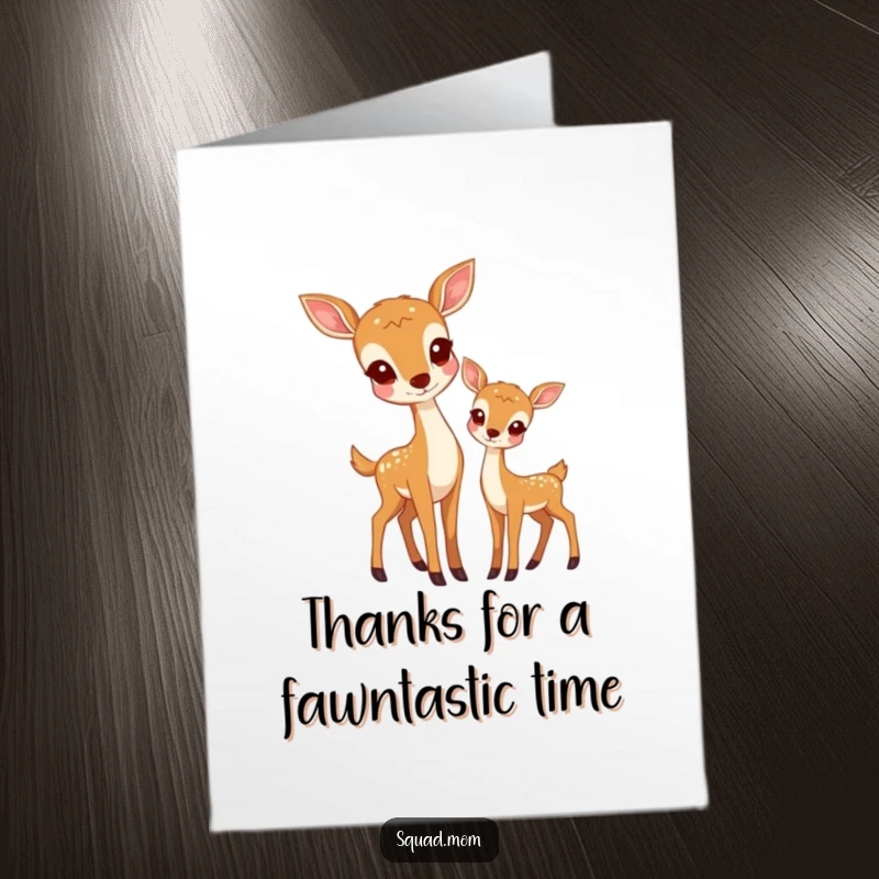 Funny Free Printable Thank You Card featuring a gentle deer mom and her curious fawn showing gratitude.