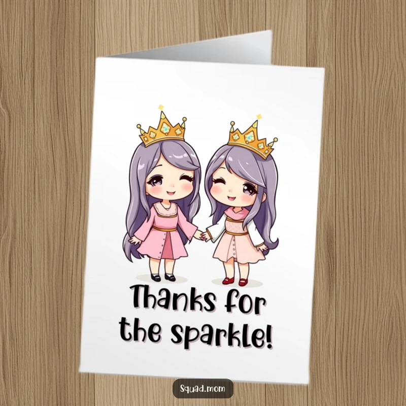 Funny free printable thank you card: Two women in matching sparkly crowns holding hands, expressing gratitude and friendship.