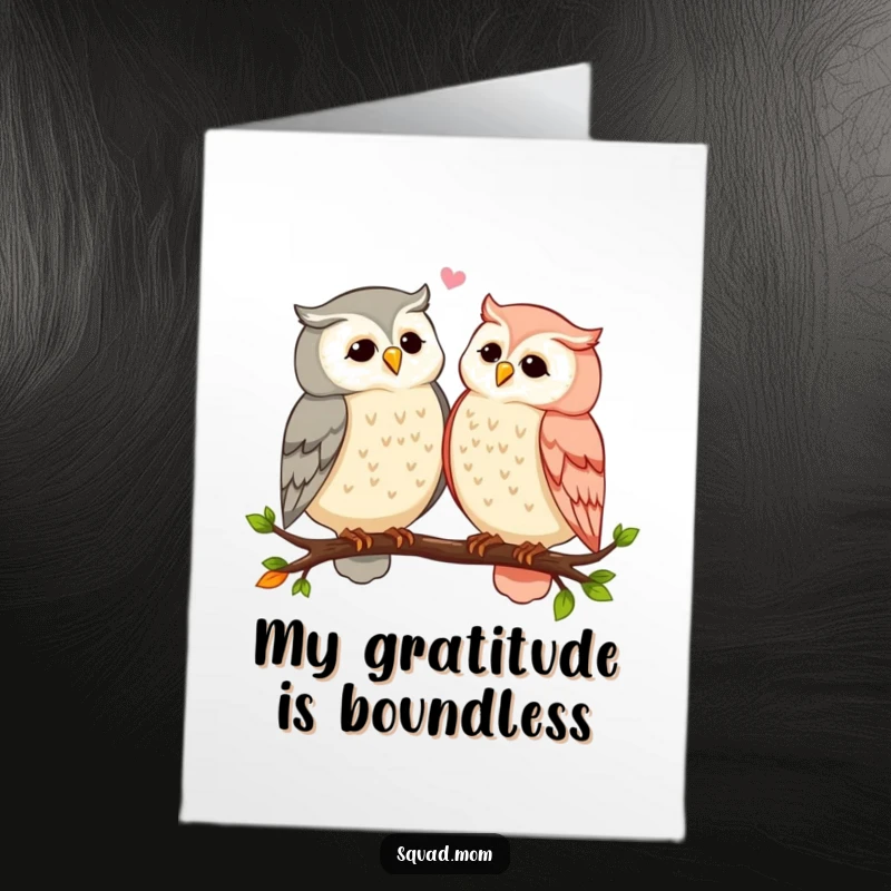 Funny Free Printable Thank You Card: Two owl moms share gossip on a branch, amusing and humorous downloadable art.