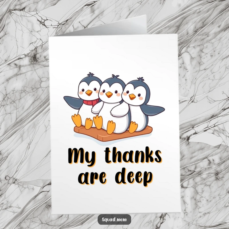 Funny Free Printable Thank You Card: Trio of penguin moms slide down an icy hill together, cool and humorous downloadable art.