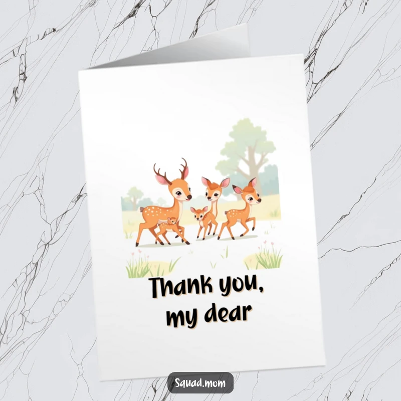 Funny Free Printable Thank You Card: Deer moms and fawns play tag in a meadow, playful and humorous downloadable art.