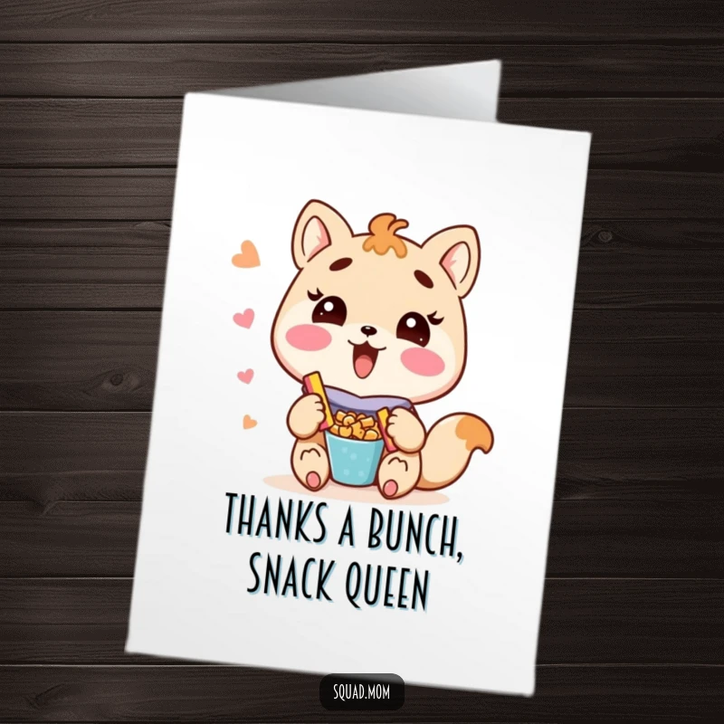 Funny Free Printable Thank You Card: A cute Kawaii mom animal character happily offers a share of yummy snacks as a thank you gesture.