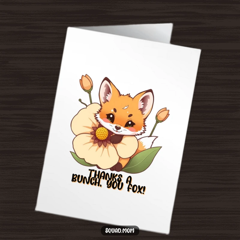 Funny Free Printable Thank You Card showcasing a curious fox cub peeking from behind a large, vibrant flower.