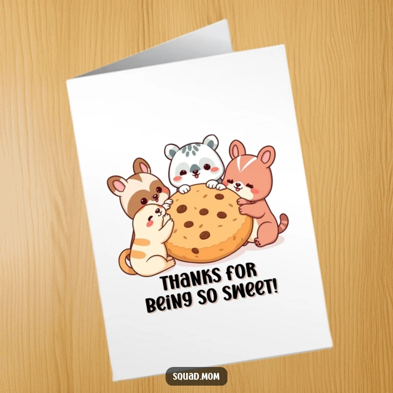Funny Free Printable Thank You Card showcasing adorable animal friends sharing a huge cookie in gratitude.