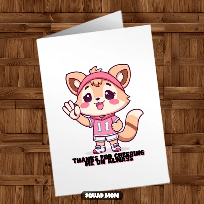 Funny Free Printable Thank You Card: A Kawaii mom animal character cheers vigorously for a tiny athlete, expressing thanks with spirit.