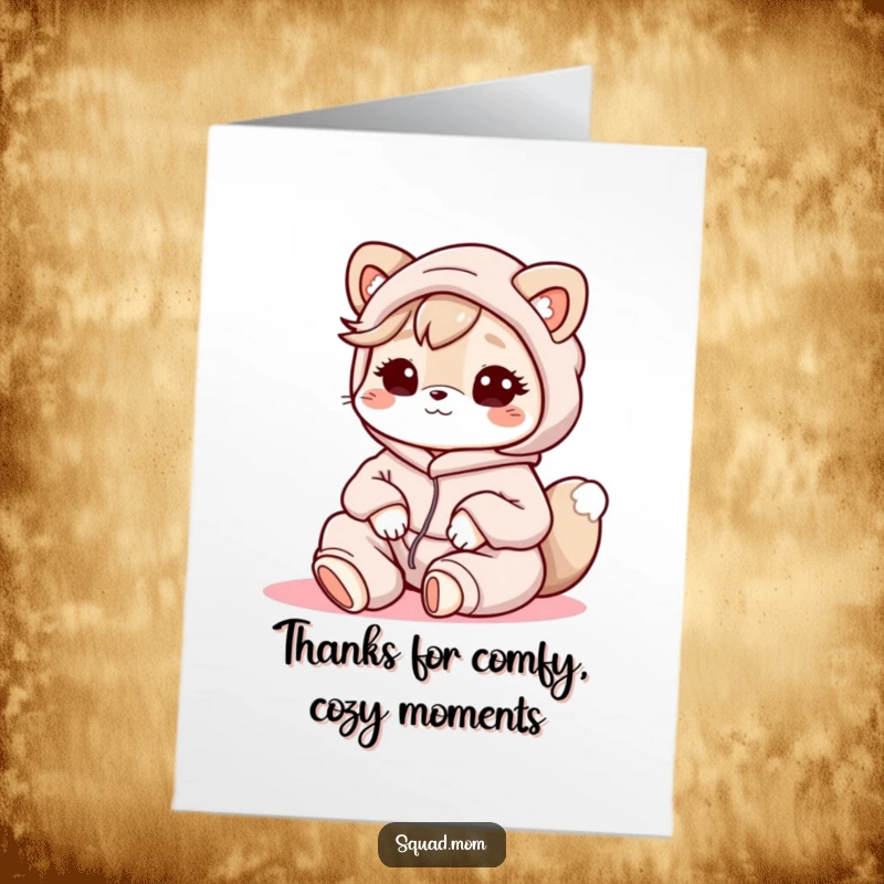 Funny Free Printable Thank You Card: A Kawaii mom animal character in comfy lounge clothes offers a cozy, heartfelt thank you.