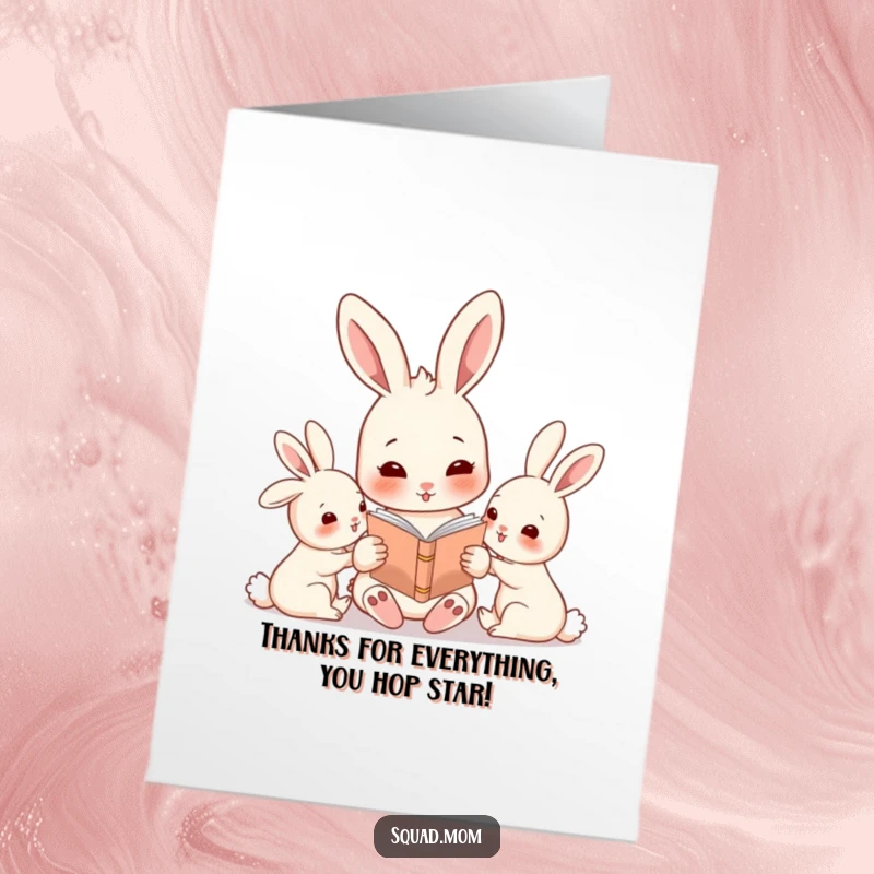 Funny Free Printable Thank You Card: Rabbit mom reading to her babies, expressing thanks with a cute and humorous illustration.
