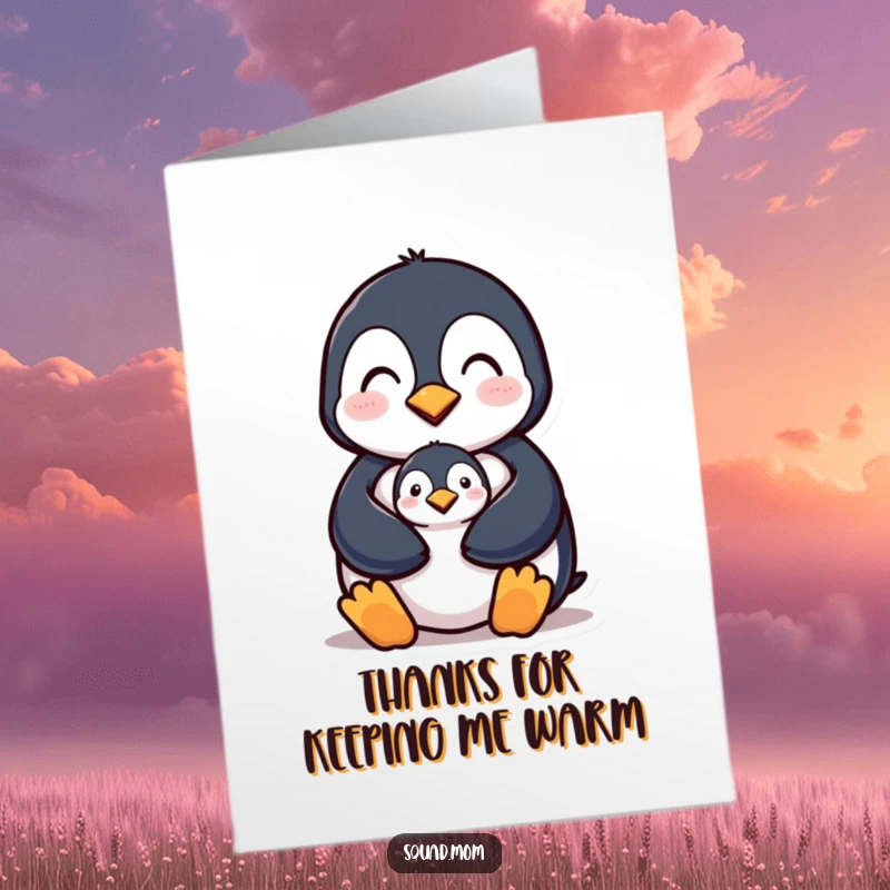 Funny Free Printable Thank You Card featuring a devoted penguin mom shielding her little chick with love.