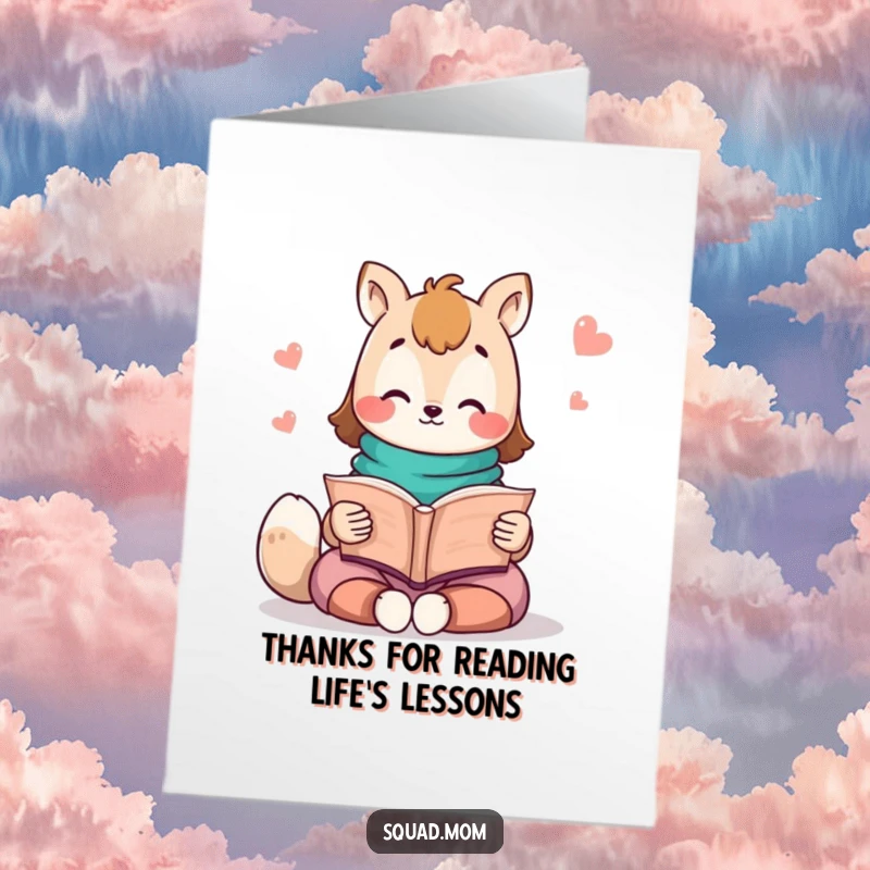 Funny Free Printable Thank You Card: A Kawaii mom animal character reads a storybook aloud, offering thanks in a gentle narrative.