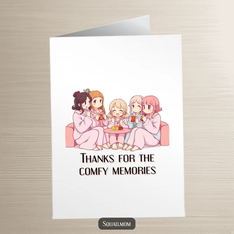 Funny Free Printable Thank You Card: Women in pajamas sharing snacks, expressing thanks. A warm, print-at-home message.