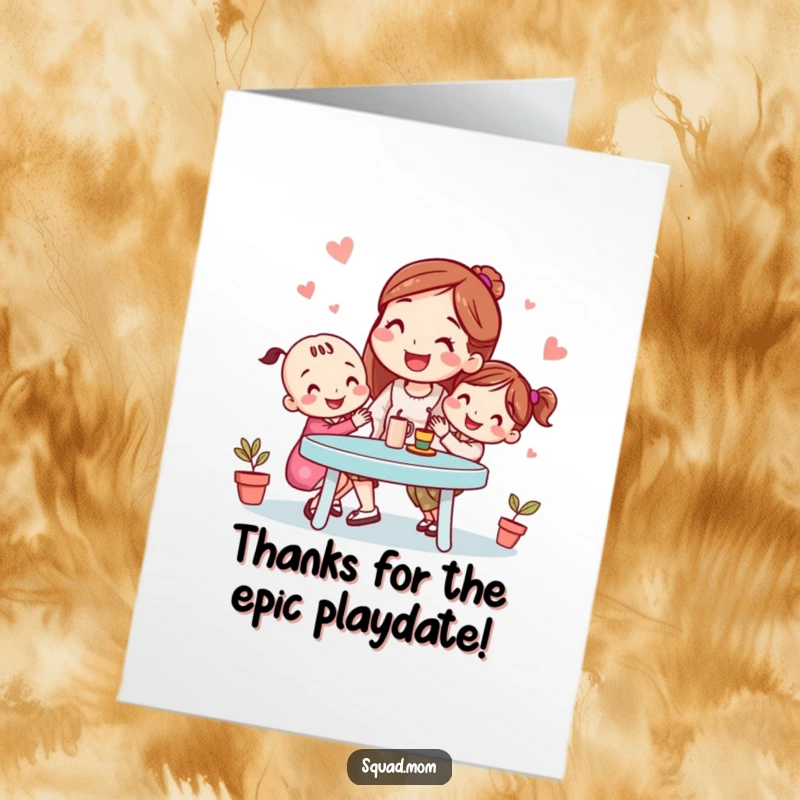 Funny free printable thank you card featuring a smiling mom friend organizing a playdate, expressing thanks with humor.