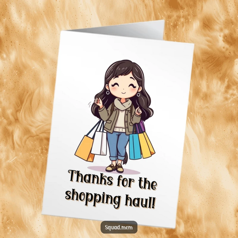 Funny free printable thank you card featuring a mom friend burdened by shopping bags, expressing thanks with humor.
