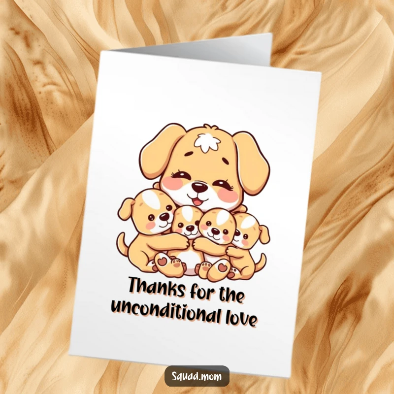 Free Printable Thank You Card: A motherly dog character affectionately hugging her puppies, expressing gratitude with a warm smile, a heartfelt downloadable gift.