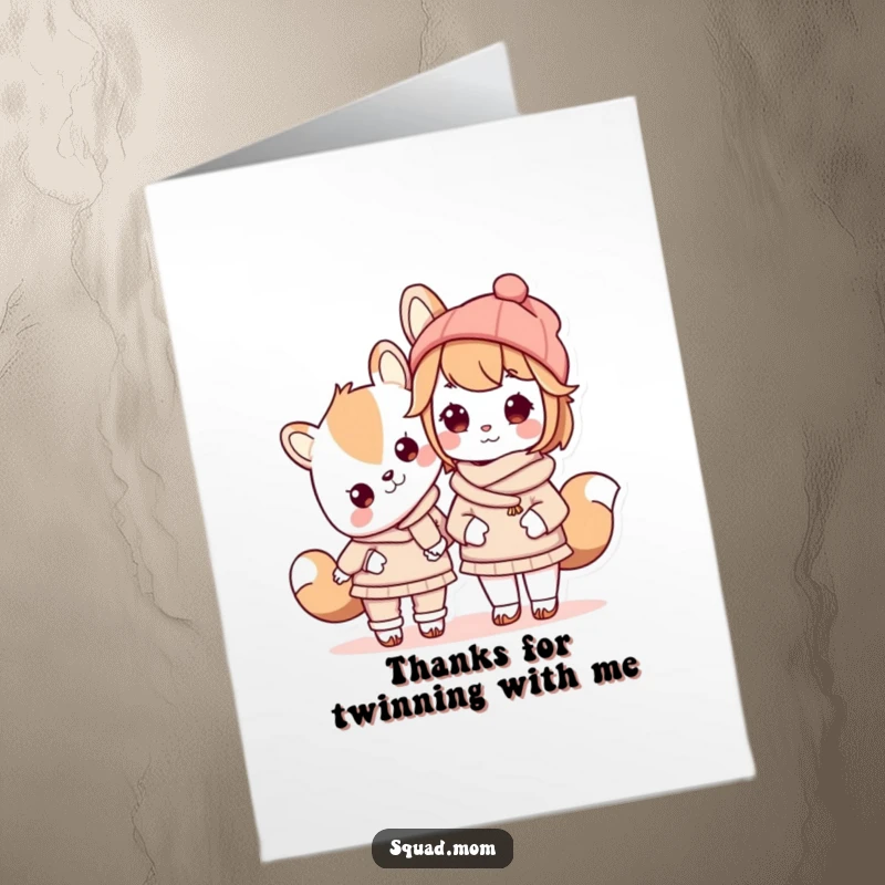 Funny Free Printable Thank You Card: A Kawaii mom animal character and her child wear cute matching outfits, sending thanks in style.